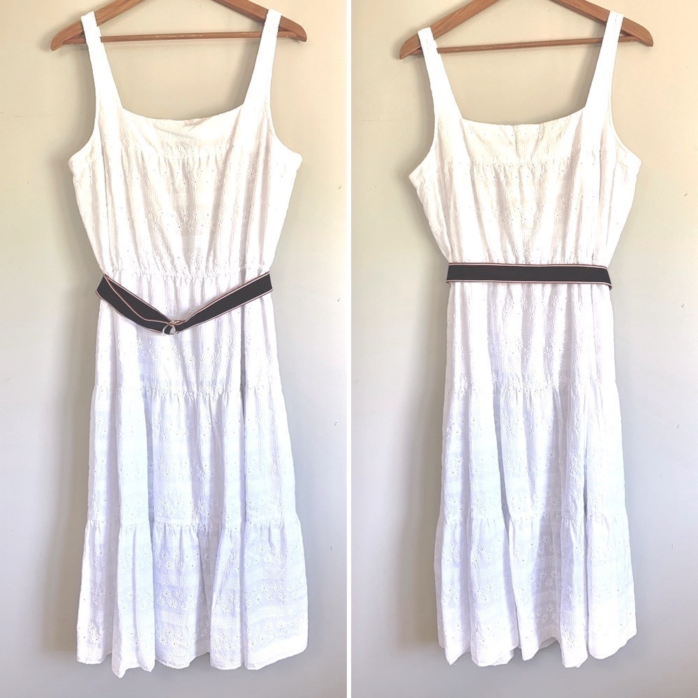 Tommy HILFIGER NWT White eyelet Sleeveless Tea-Length Sheath Belted summer Dress